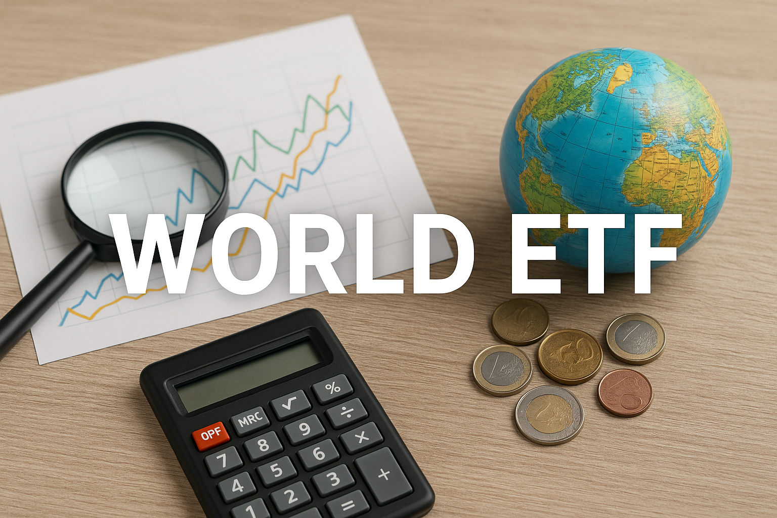 World ETF einfach erklärt: So findest du den richtigen fürs Kinderdepot Geld anlegen World ETF, Lupe, Globus, Taschenrechner